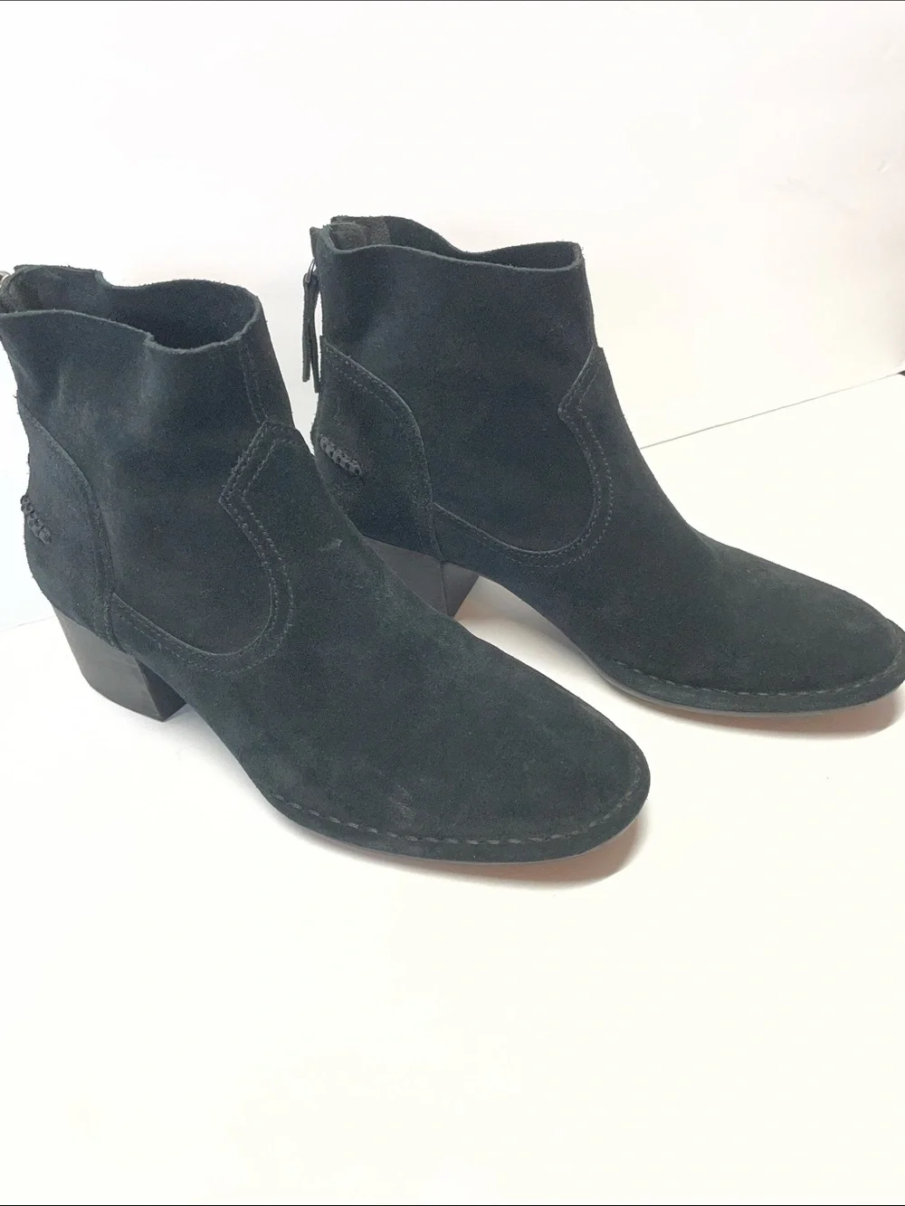 UGG Black Suede Ankle Booties with Side Zip and Block Heel